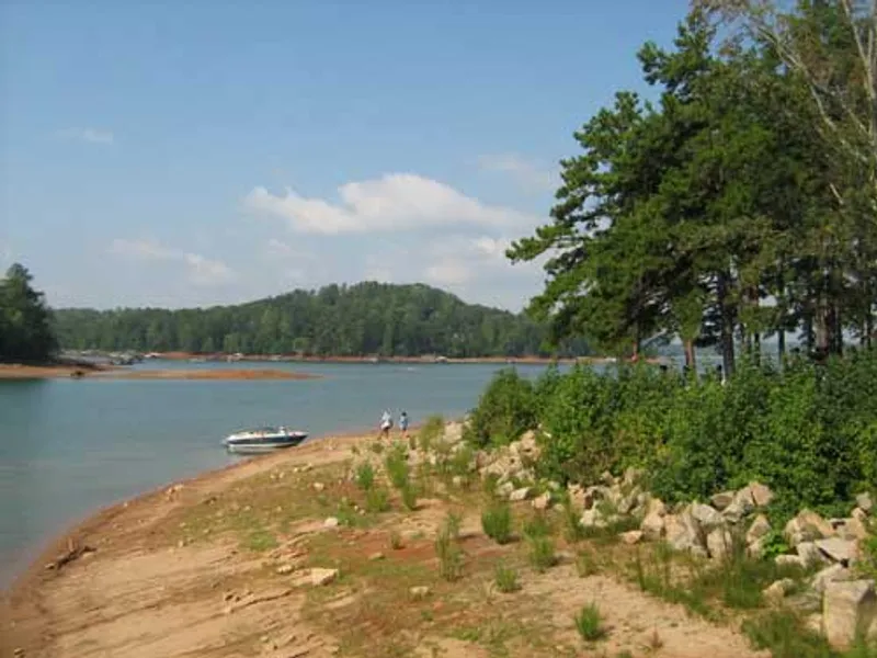 a boat on the shore of lake lanier