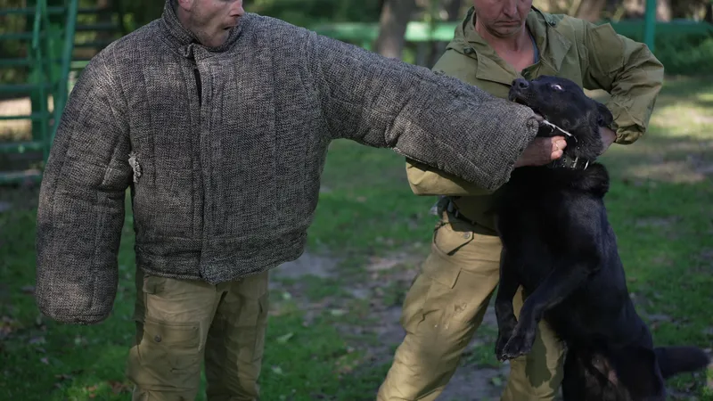 a dog biting a man's arm