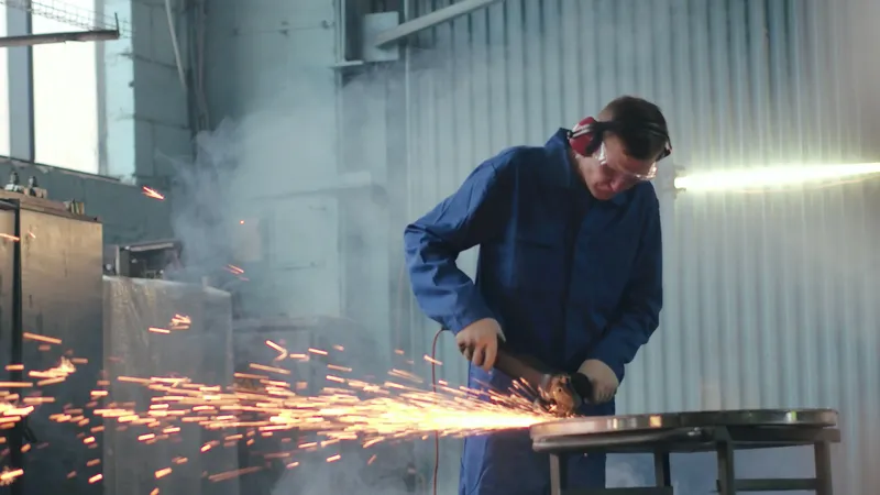 A factory worker using an angle grinder.